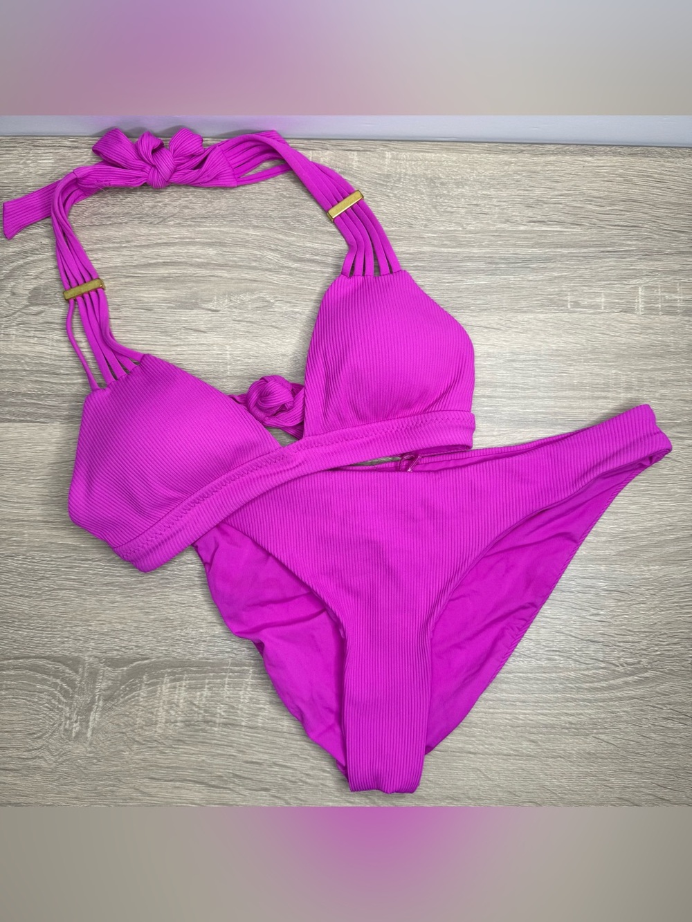 BECCA Pink Strappy Halter Top Bottom Shirred Bikini Set Size S/L